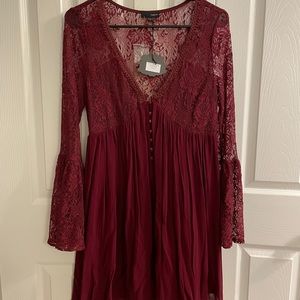 Wine lace bell sleeve dress